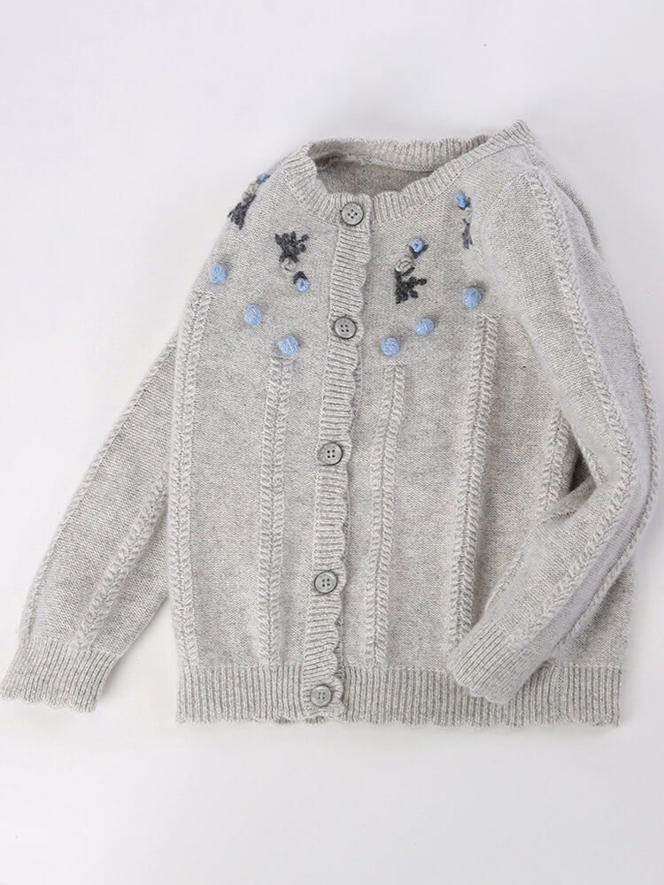Kids Light Grey Floral Embroidery Cashmere Button-Up Cardigan